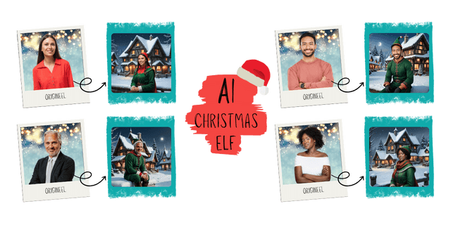 7 Fotostrips van de AI Christmas Elf photobooth met medewerkers in kerstscènes