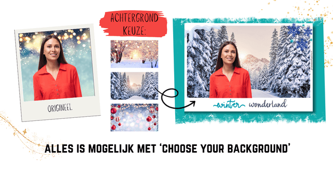 8 Choose your background: dezelfde foto voor en na het wisselen naar een winterlandschap