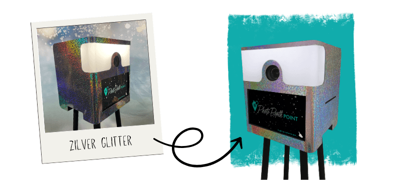 Zilveren glitterbox met gepersonaliseerd fotokader, perfect om onvergetelijke herinneringen vast te leggen en direct foto's te maken.