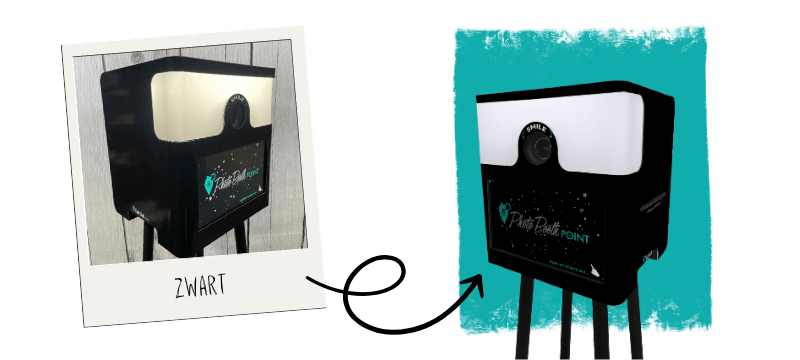 Een stijlvolle photobooth met eigen ontwerp en props zoals brillen, ideaal voor elk bedrijfsfeest of beurs.